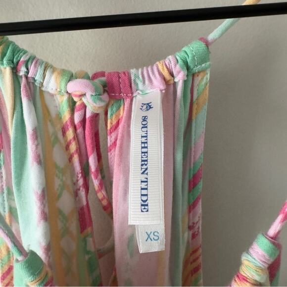 Southern Tide Smocked Waist Mini Dress Colorful spaghetti strap tie bow keyhole - Picture 7 of 11